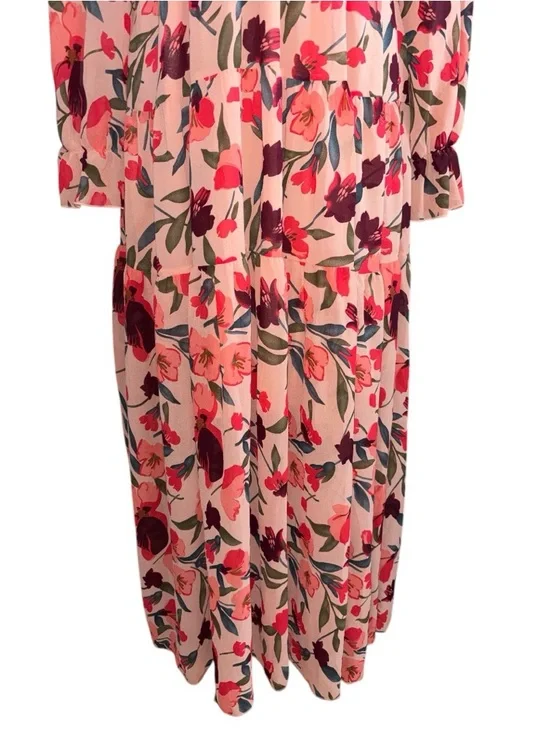 NWOT Floral Ruffle V-Neck Peach Maxi Dress, P2P:22”, L:53” - Picture 6 of 11